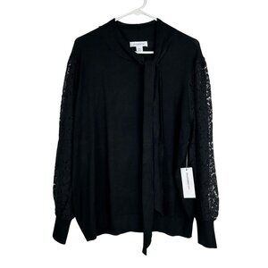 Liz Claiborne Womens Black Knit Sweater With Lace Sleeves & Tie Neck XXL-NWT